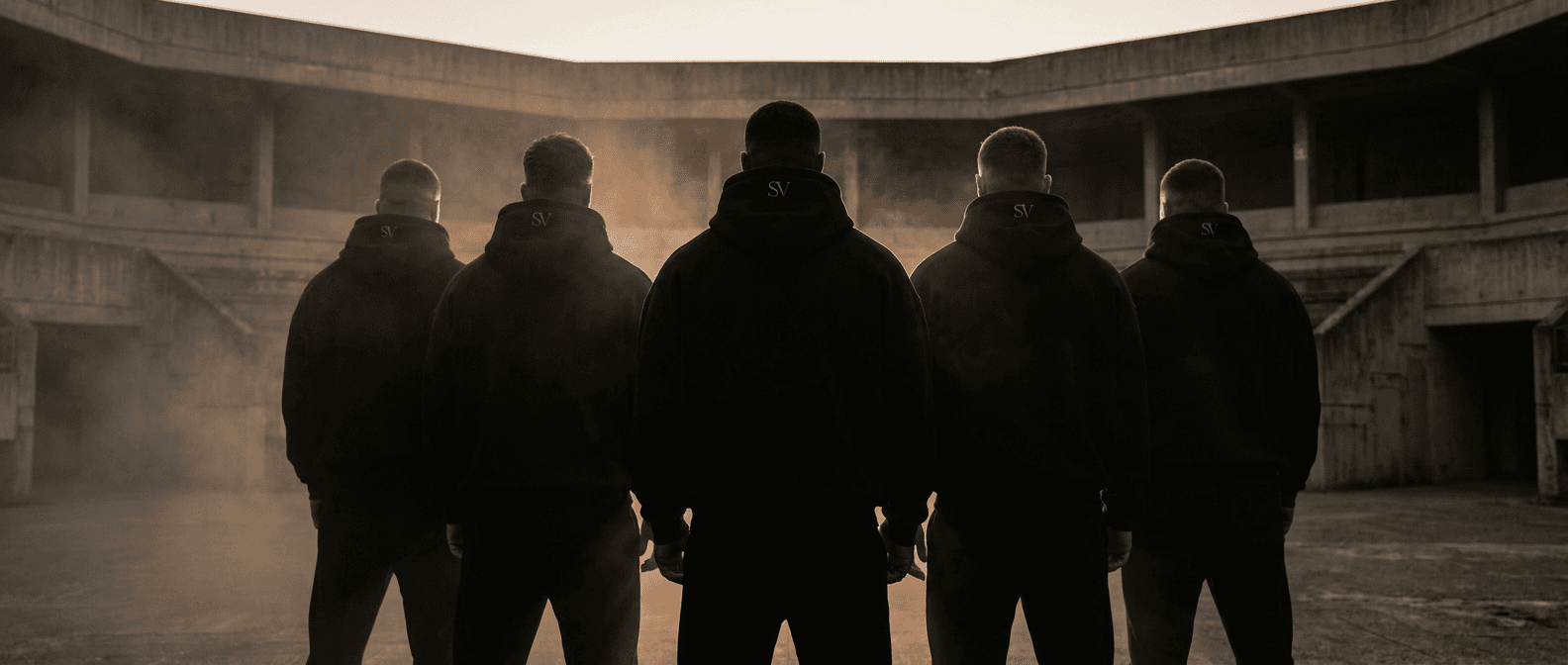 Five men in STONVEN hoodies at dusk