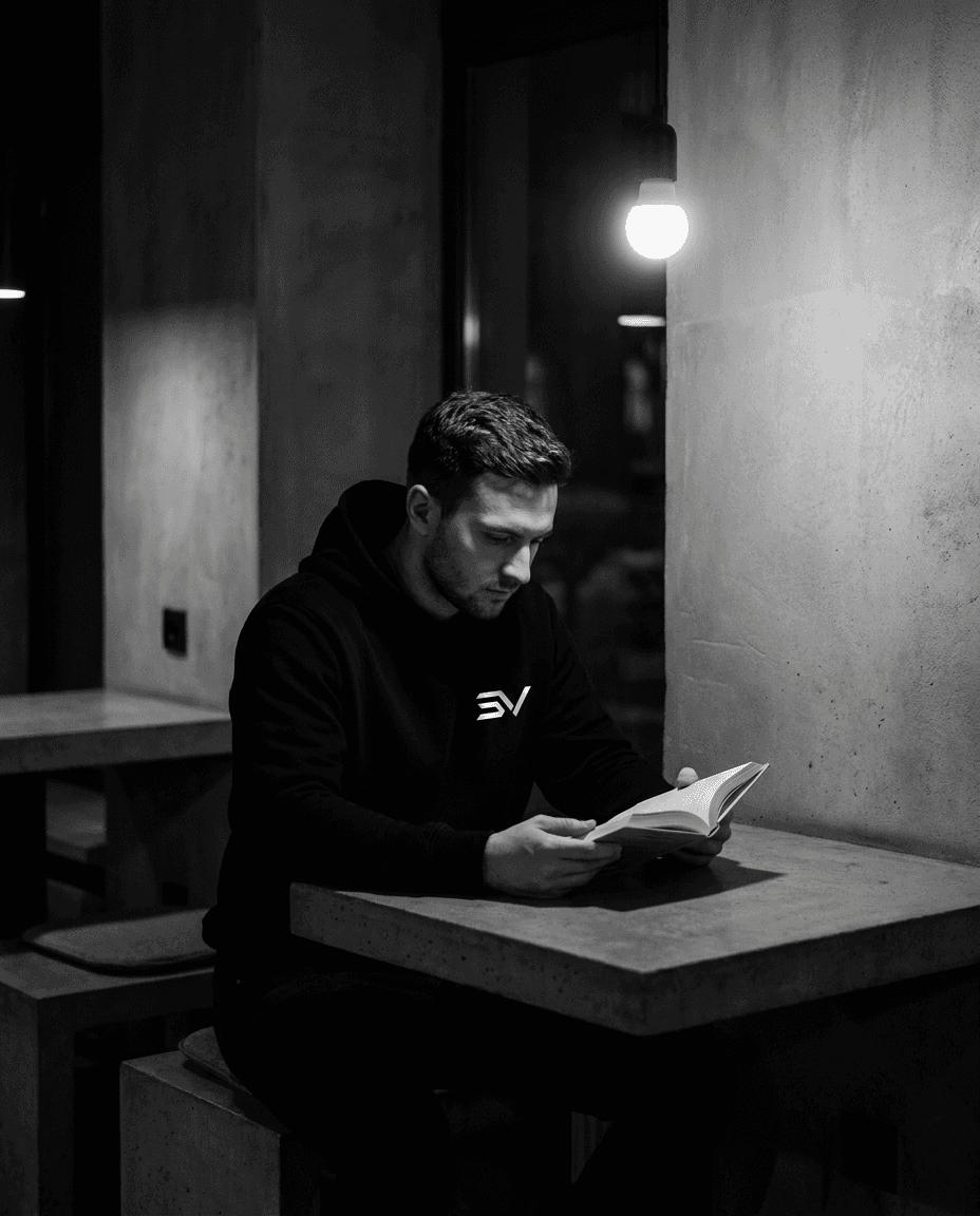 STONVEN hoodie — late-night cafe